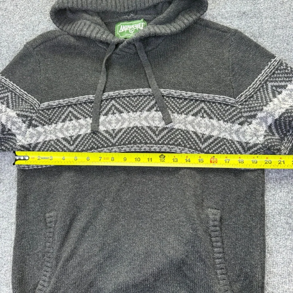 American Eagle Mens Soft Charcoal Grey Fair Isle Knit Hoodie Sweater Pullover LG